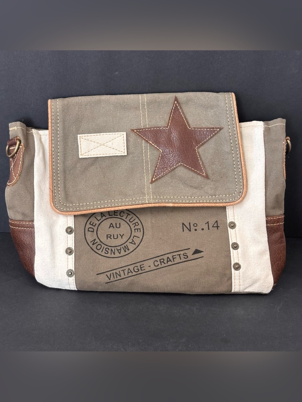 Vintage Crafts Canvas Leather Messenger Crossbody Bag Military Style Green NWOT
